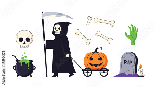 Grim reaper character pulling a wagon with a carved pumpkin next to a graveyard, skull, and cauldron on white.