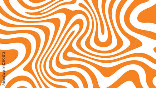 Vibrant groovy 1960s style pattern with thick undulating orange and white swirling lines on abstract background