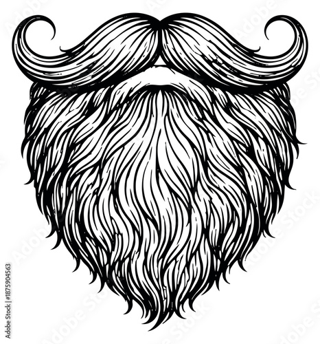 Hand drawn line art illustration of a classic beard and mustache depicting a full facial hair style for vintage fashion design