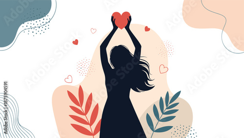 Silhouette of a woman with long hair holding a red heart above her head against an abstract background with leaves.
