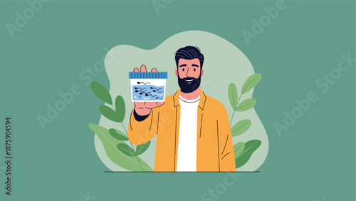 Smiling man in a yellow shirt holding a medical container with a sperm sample for fertility testing or donation.