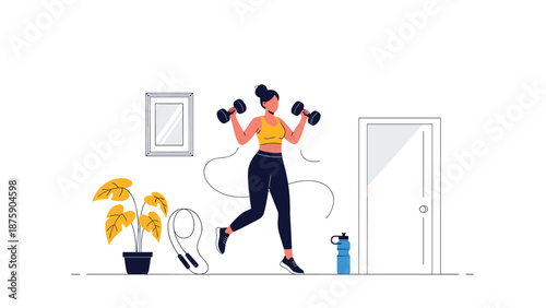 Woman in fitness gear performing lunges with dumbbells in her living room with a plant and jumping rope nearby.