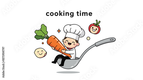 Adorable cartoon chef sitting in a large metal ladle holding a giant carrot surrounded by floating vegetable friends.