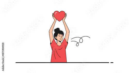 Simple illustration of a woman in a red shirt holding up a large red heart as a symbol of love and kindness.