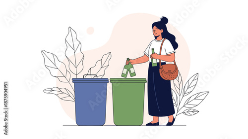 Environmentally conscious woman sorting glass bottles into blue and green recycling bins against a botanical background.