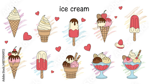 Comprehensive set of various ice cream treats including cones, bowls, and popsicles in a playful illustrated style.
