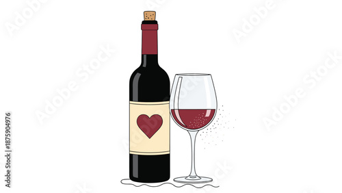 Classic red wine bottle with a heart on the label standing next to a glass filled with deep red wine on a white backdrop.