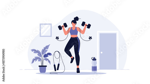 Fitness illustration of a woman working out at home with dumbbells, a skipping rope, and a water bottle nearby.