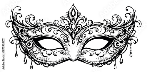 Hand drawn line art illustration of a venetian masquerade mask depicting elaborate scrollwork for carnival celebrations