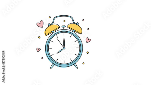 Light blue alarm clock with yellow bells is surrounded by small floating hearts and dots on a clean white background.