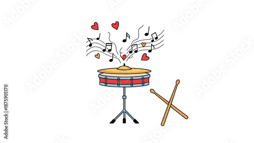Red snare drum is shown with musical notes and small red hearts flying out of it to represent the joy and love of music.