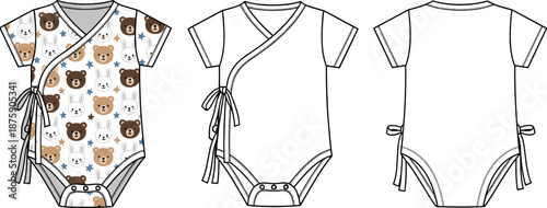 Baby romper technical flat sketch vector illustration, front and back views, kimono style wrap bodysuit with side ties, cute bear rabbit pattern, fashion design template.