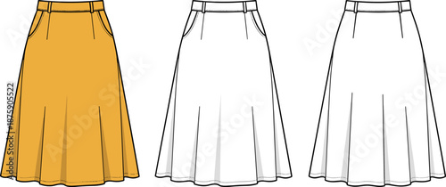Women's midi skirt technical flat sketch vector illustration, yellow a-line bottom, front and back views, waistband pockets detail, fashion design template, flared hem.
