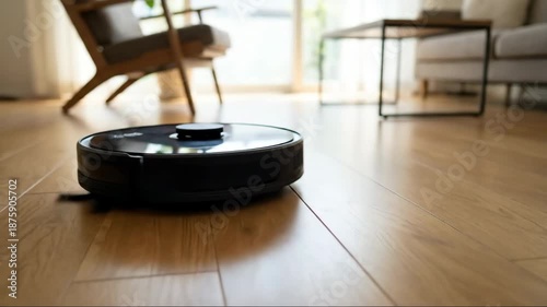 Tranquil Low Angle: Robot Vacuum Silently Cleans a Bright Modern Home