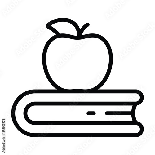 Outline illustration of an apple placed on stacked books. Simple monochrome line style representing education, knowledge, school environment, teaching concepts, and academic visuals on white backgroun