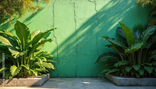 Rich tropical plants grow against a vibrant green wall. Sunlight casts shadows on the textured surface. Concrete planters define the ground area. Nature meets urban design.