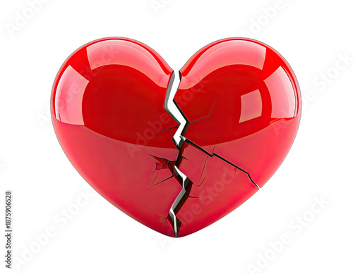 A 3D render of a glossy red heart, broken down the middle with dark, fractured edges