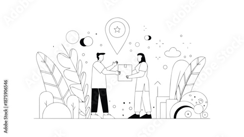 People exchanging documents in modern minimalist setting with plants and location marker