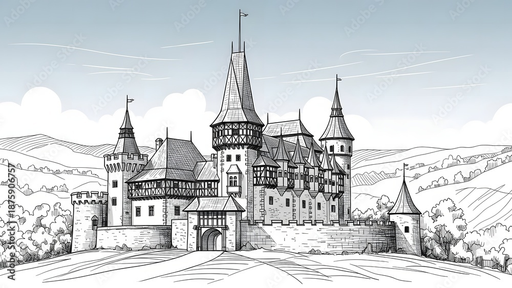 Obraz premium Hand-drawn medieval castle illustration with detailed architecture