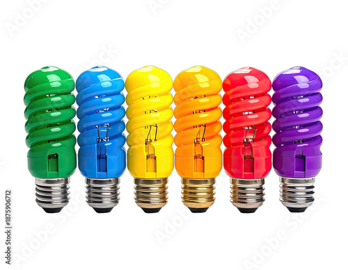 Assortment of six colorful spiral light bulbs, each with a different hue, on a black background