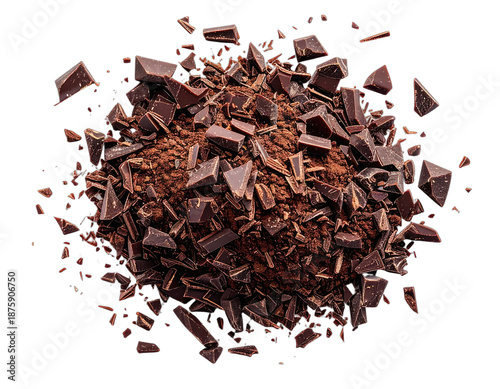 Dark chocolate chunks and cocoa powder on black background, overhead view