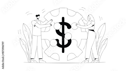 Business partnership completing financial puzzle with dollar sign