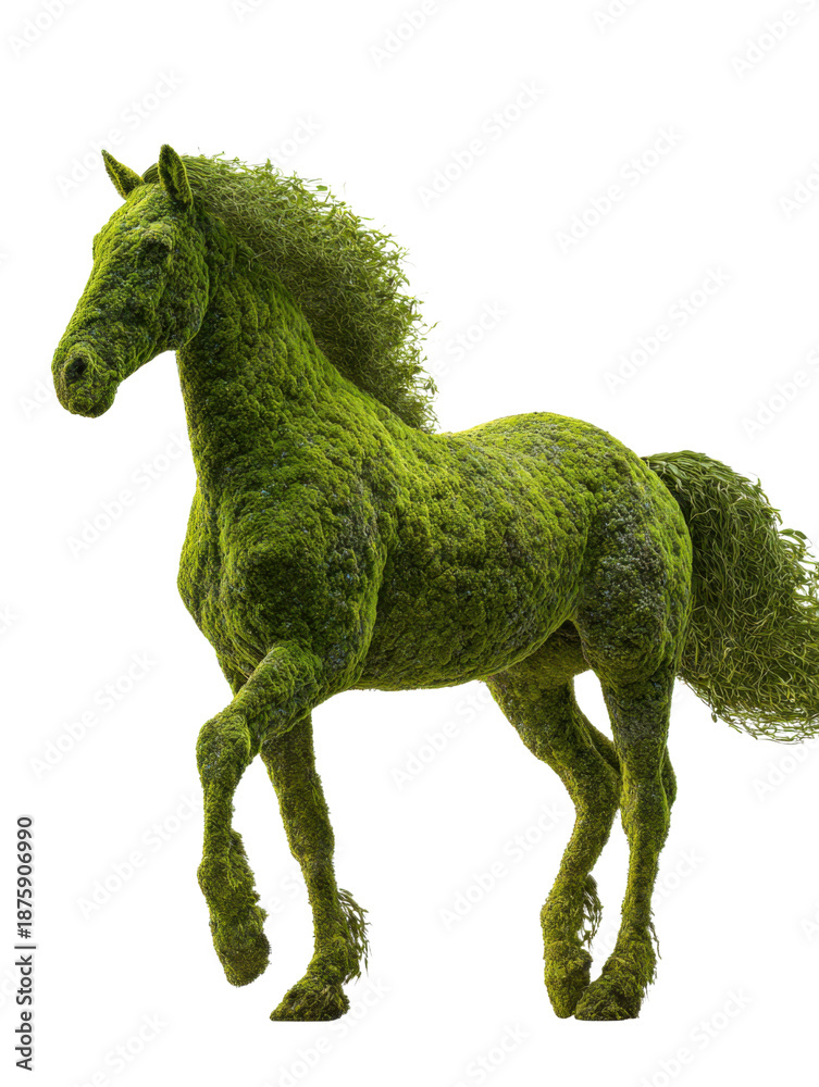 Obraz premium Emerald Horse Statue: A majestic sculpture of a horse, entirely composed of vibrant green foliage, stands proudly in a field, exuding a sense of natural grace and artistic wonder.
