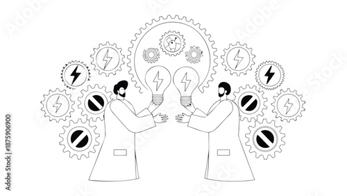 Two businessmen exchanging lightbulb ideas with gears and lightning bolts