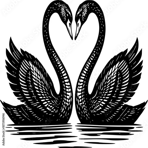 Swan Couple in Love: Two elegant black swans form a heart with their necks, symbolizing enduring love and commitment in this monochrome artwork. This captures the essence of romance, devotion.