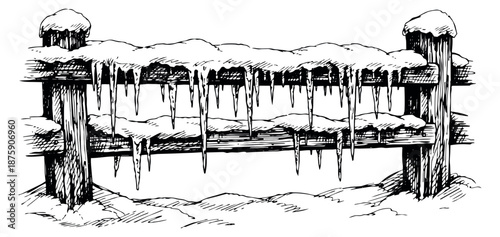 Hand drawn illustration of a wooden fence depicting snow and icicles for winter designs