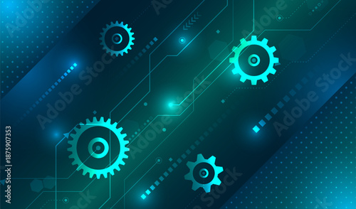 Futuristic technology background with glowing gears, circuit lines, and digital elements, symbolizing automation, engineering processes, system integration, and high-tech innovation.