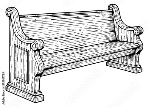 Hand drawn line art illustration of a church pew depicting a traditional wooden design for worship