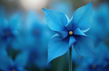 Single blue pinwheel toy. Multiple blue pinwheels in background blur. Represents child abuse prevention awareness month in April. Gentle wind blows toy.