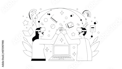 Two people wearing VR headsets high five in front of laptop