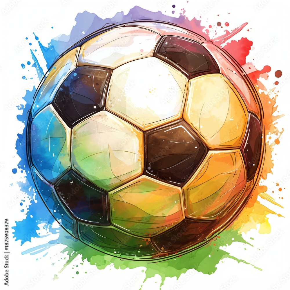 Naklejka premium Watercolor soccer ball clipart on a white background. Colorful splash art sport equipment for competition and healthy lifestyle concept.