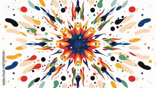 Vibrant abstract explosion of colorful shapes and splashes on white background