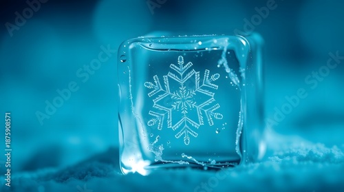 Close-up image with rich deep teal tones. An adorable and cute snowflake inside of a cold ice cube. Creative art winter concept.