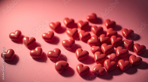 Heart-shaped candies on a pink tabletop. Greeting card and advertisement. Valentine's day concept.