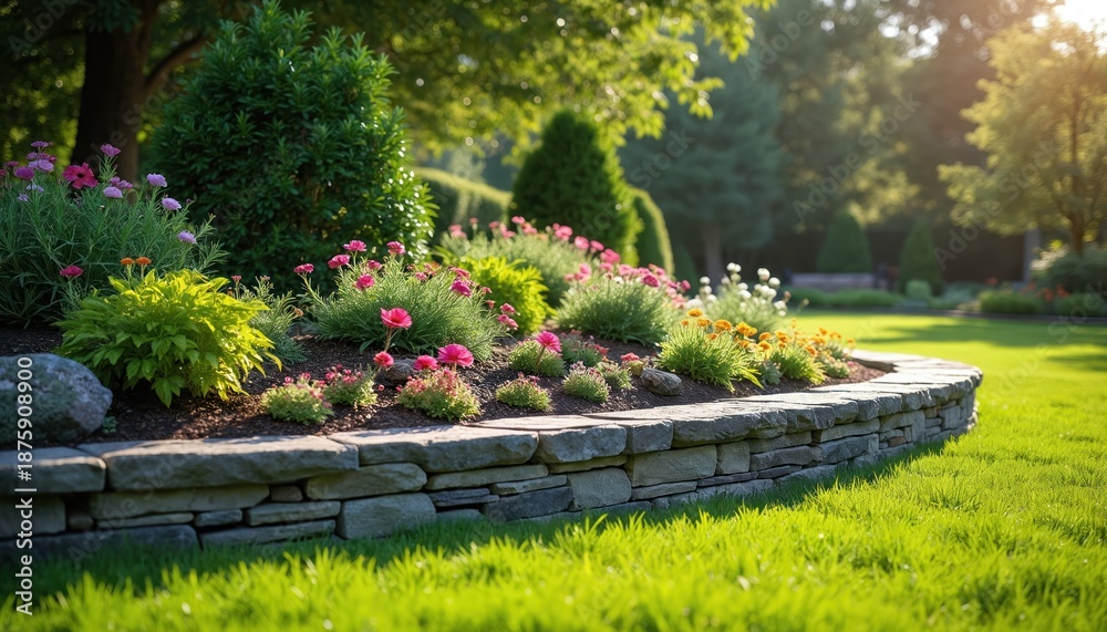 Obraz premium Manicured garden with rock retaining wall and colorful flowers. Rich green lawn surrounds raised flower beds with pink and yellow blossoms. Tall trees form verdant backdrop on sunny day.