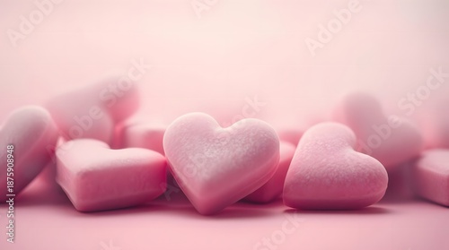 Close-up image of pink sweet candies on a pink table with pink background,. Sweet valentine's day concept.