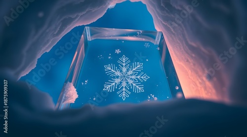 Low angle perspective image of an abstract ice cube with a snowflake inside. In a snow cave in the wintertime.