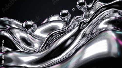 Flowing molten metal abstraction with floating spheres in glossy silver and dark tones representing futuristic nanotechnology or elegant science background