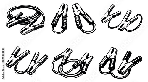 Hand drawn line art jump starter cable set featuring multiple arrangements of battery clamps for automotive repair