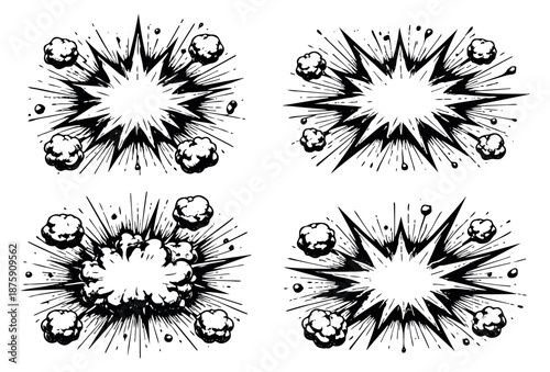 Hand drawn line art explosion effects set featuring comic style starbursts and smoke clouds for graphic design