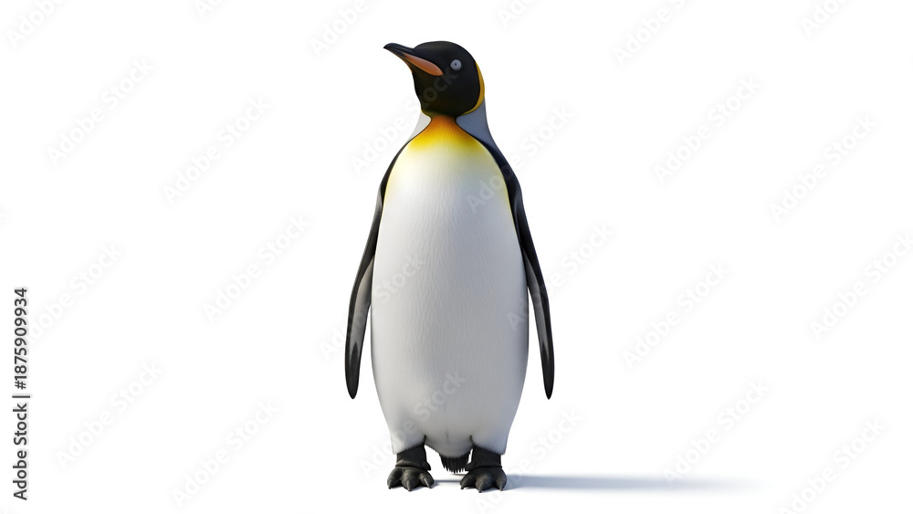 Obraz premium Realistic image of a penguin standing upright on a clean white background, showing detailed feathers, strong black and white contrast, and a sharp minimalist look.