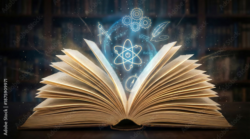 custom made wallpaper toronto digitalAn open book emits a glowing atom symbol surrounded by swirling symbols in a library