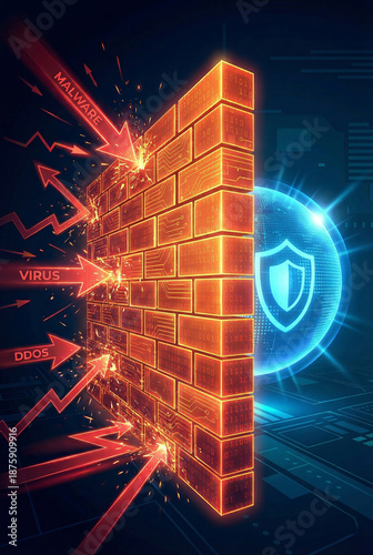 A glowing neon brick wall under cyber attack with a shield symbol protecting it