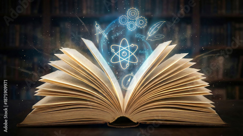 An open book emits a glowing atom symbol surrounded by swirling symbols in a library
