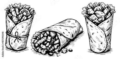 Hand drawn line art burrito set featuring various delicious fillings for fast food restaurant menus