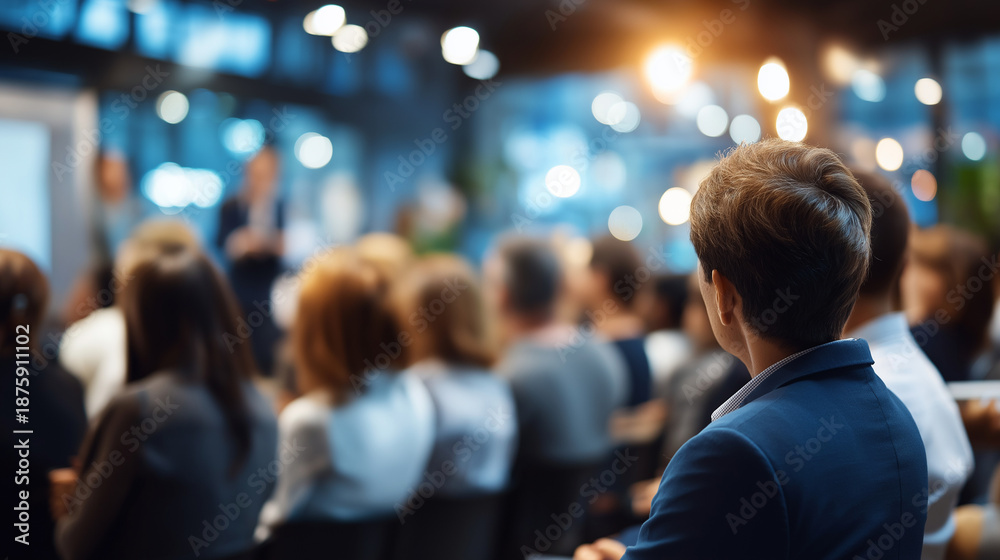Fototapeta premium Large group diverse faceless attendees at professional business seminar presentations speakers modern technology indoor setting networking learning conference education